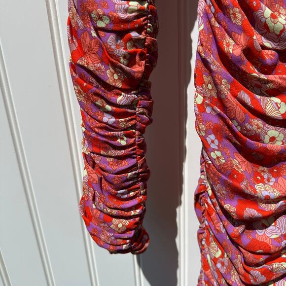 Rohe Sadie Long Sleeve Retro Floral Ruched Mini Dress Red Multi Size 34 FR 2 US - Picture 4 of 15